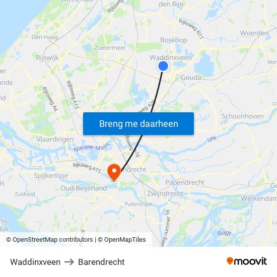 Waddinxveen to Barendrecht map