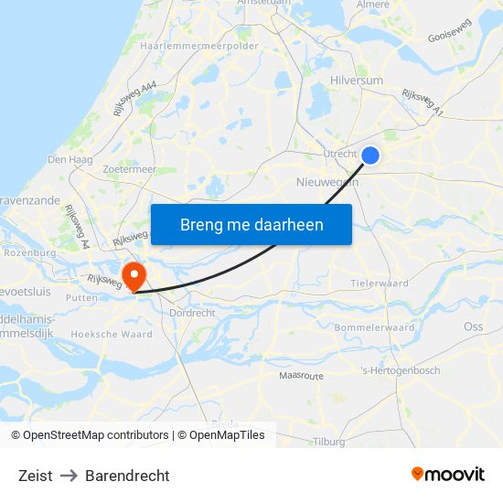 Zeist to Barendrecht map