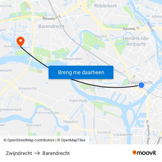 Zwijndrecht to Barendrecht map