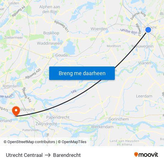 Utrecht Centraal to Barendrecht map