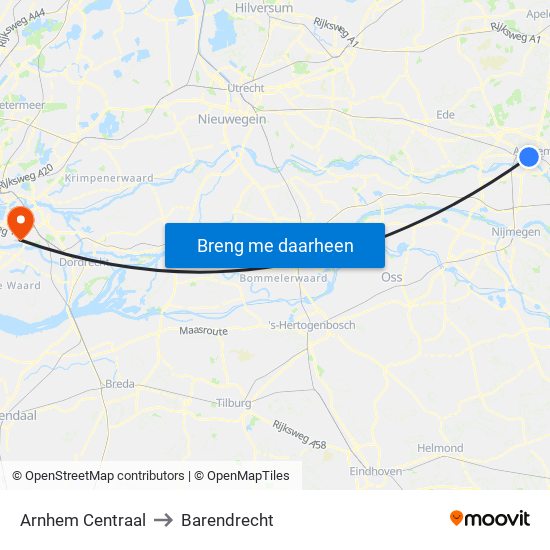 Arnhem Centraal to Barendrecht map