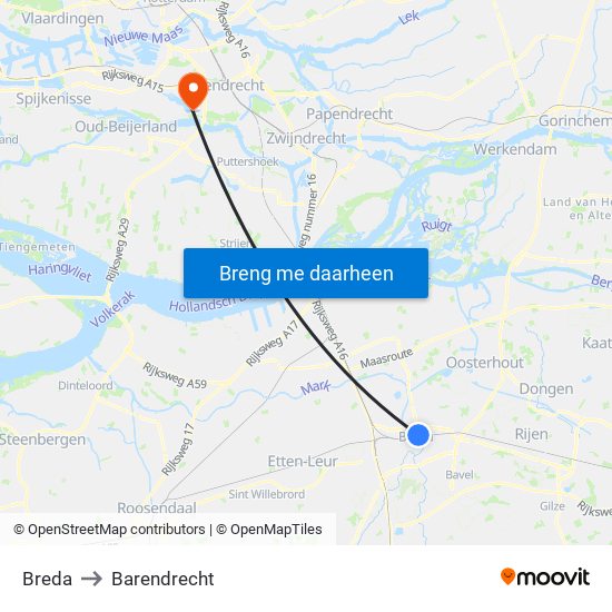 Breda to Barendrecht map