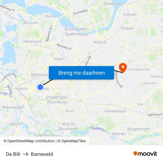 De Bilt to Barneveld map