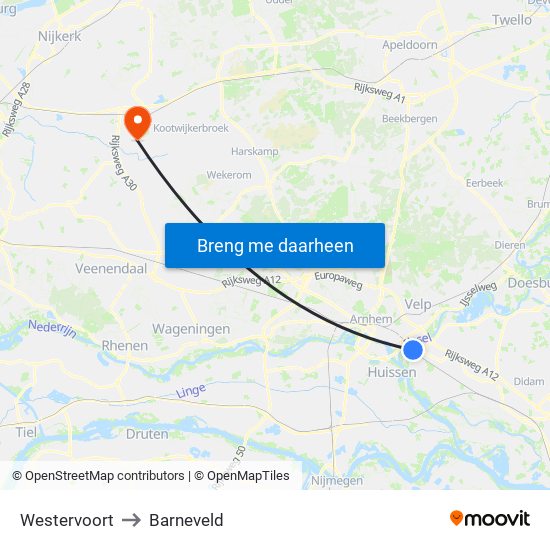 Westervoort to Barneveld map