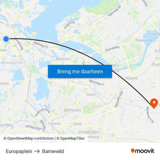 Europaplein to Barneveld map