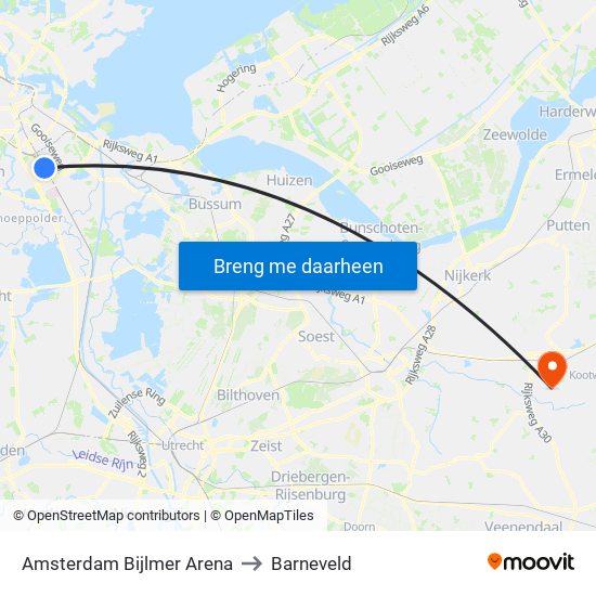 Amsterdam Bijlmer Arena to Barneveld map