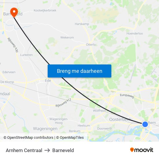 Arnhem Centraal to Barneveld map