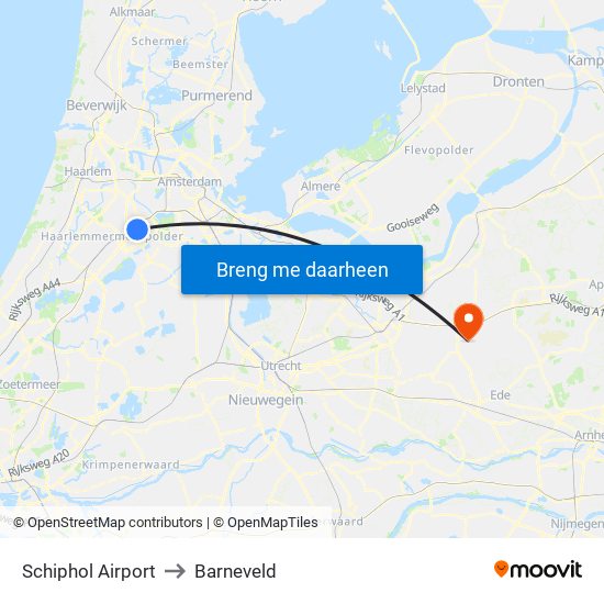 Schiphol Airport to Barneveld map