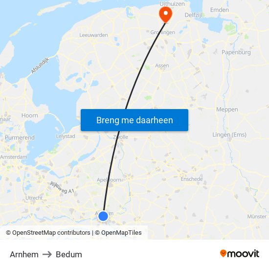 Arnhem to Bedum map