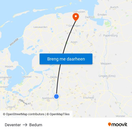 Deventer to Bedum map