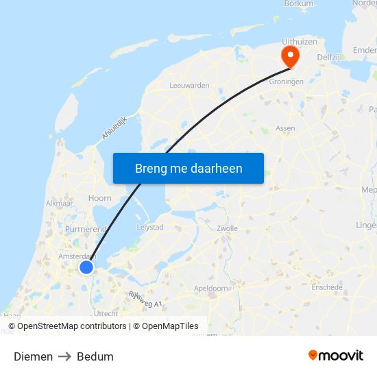 Diemen to Bedum map