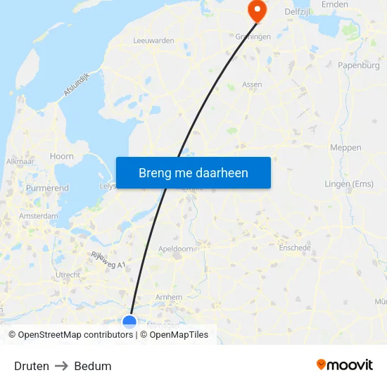 Druten to Bedum map