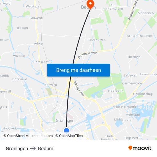 Groningen to Bedum map