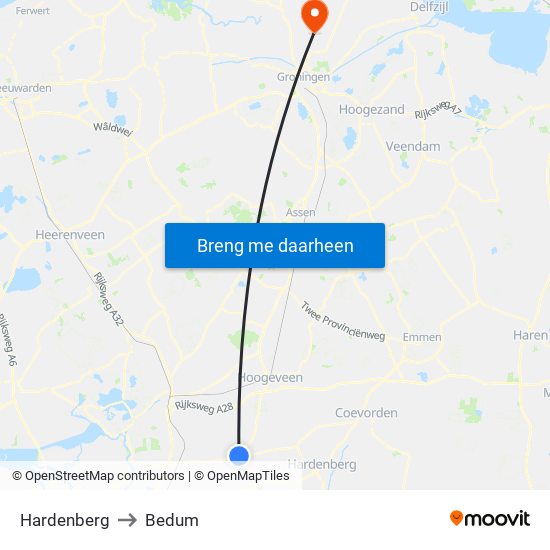 Hardenberg to Bedum map