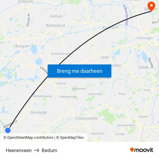 Heerenveen to Bedum map