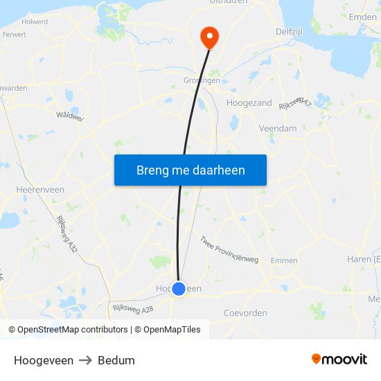 Hoogeveen to Bedum map