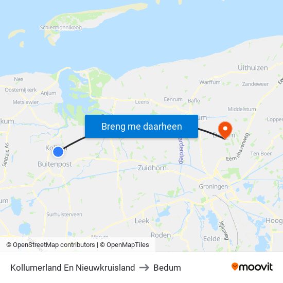 Kollumerland En Nieuwkruisland to Bedum map
