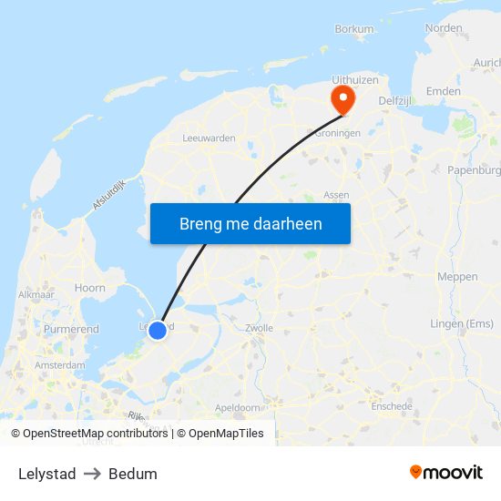 Lelystad to Bedum map