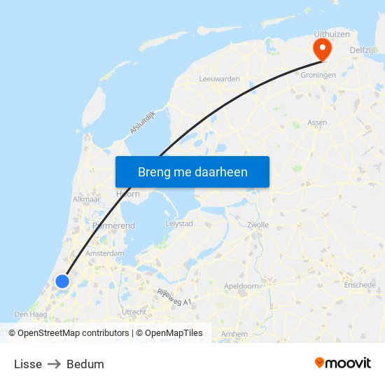 Lisse to Bedum map