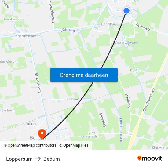 Loppersum to Bedum map