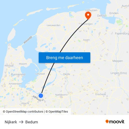 Nijkerk to Bedum map