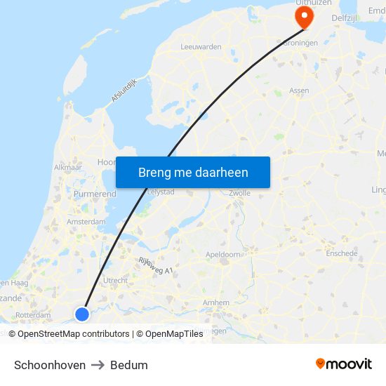 Schoonhoven to Bedum map