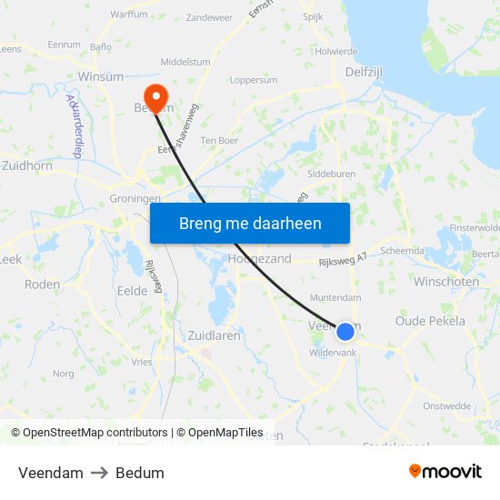 Veendam to Bedum map