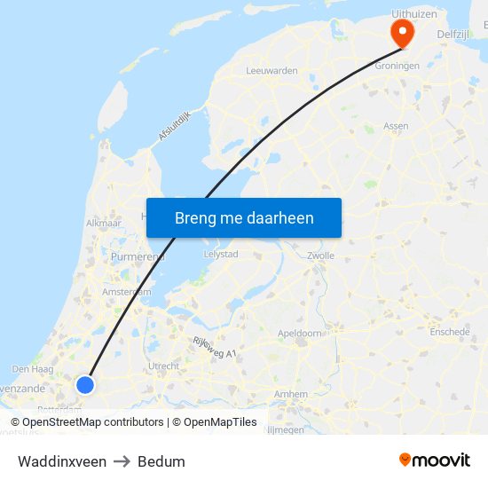 Waddinxveen to Bedum map