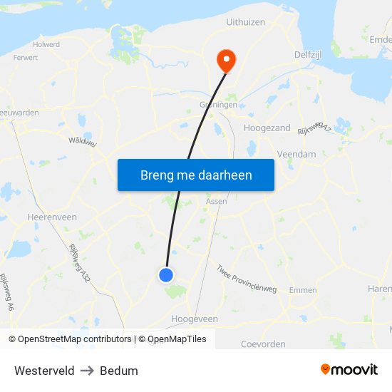 Westerveld to Bedum map