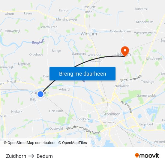 Zuidhorn to Bedum map