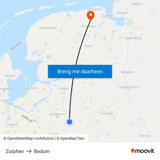 Zutphen to Bedum map