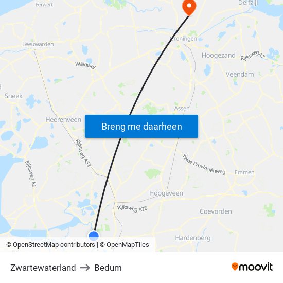 Zwartewaterland to Bedum map