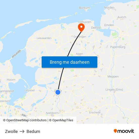 Zwolle to Bedum map