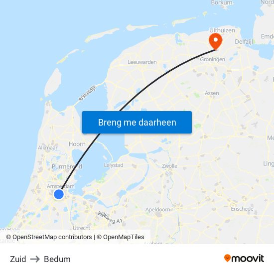 Zuid to Bedum map