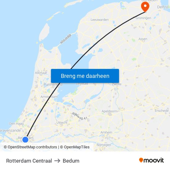Rotterdam Centraal to Bedum map