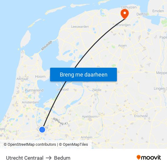 Utrecht Centraal to Bedum map