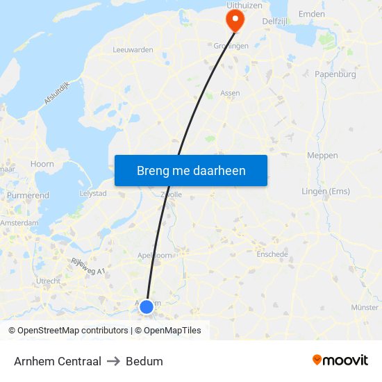 Arnhem Centraal to Bedum map