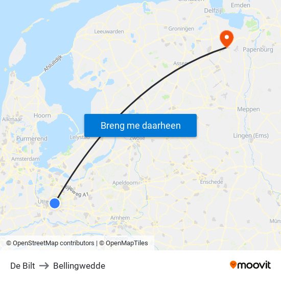 De Bilt to Bellingwedde map