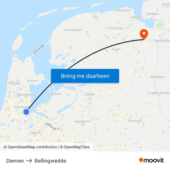 Diemen to Bellingwedde map