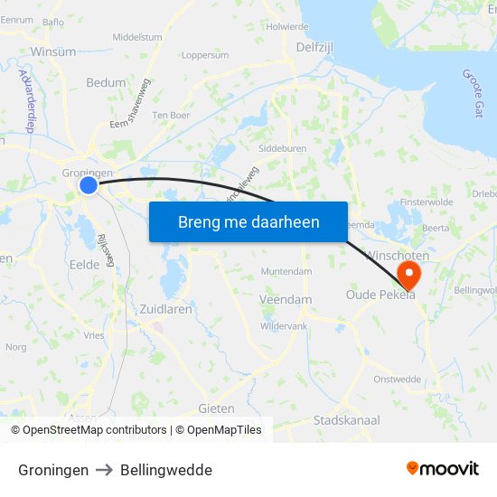 Groningen to Bellingwedde map