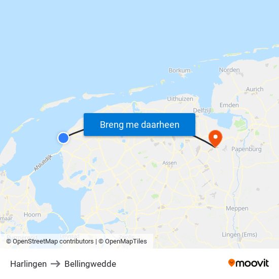 Harlingen to Bellingwedde map