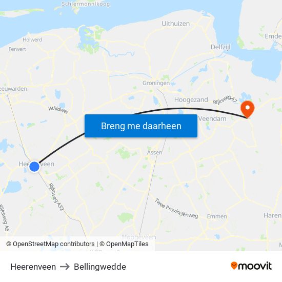 Heerenveen to Bellingwedde map