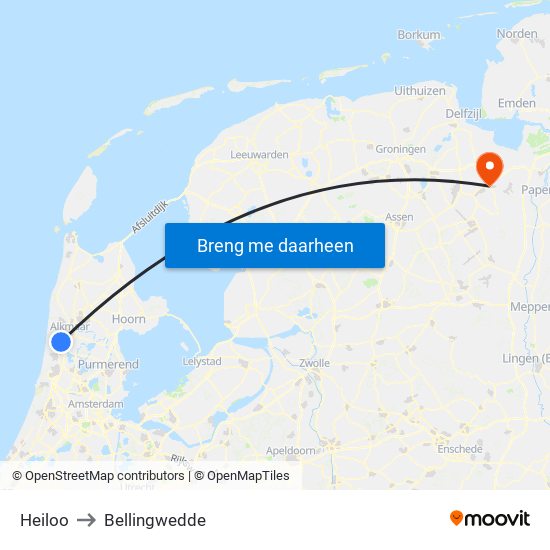 Heiloo to Bellingwedde map