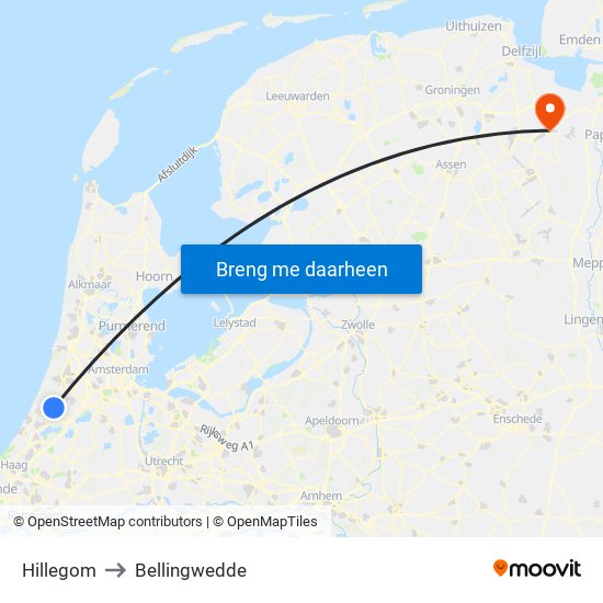 Hillegom to Bellingwedde map