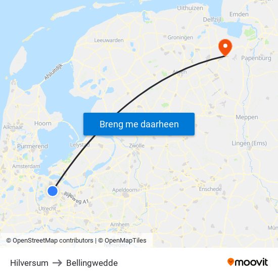 Hilversum to Bellingwedde map