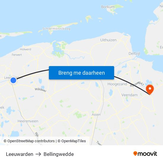 Leeuwarden to Bellingwedde map