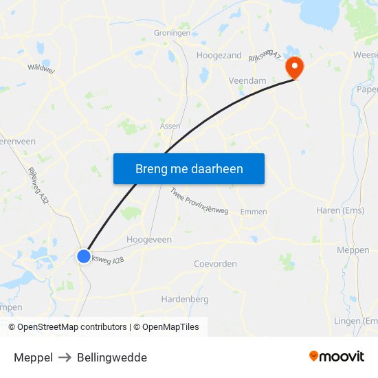 Meppel to Bellingwedde map