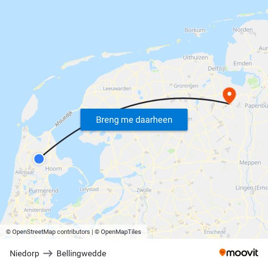 Niedorp to Bellingwedde map