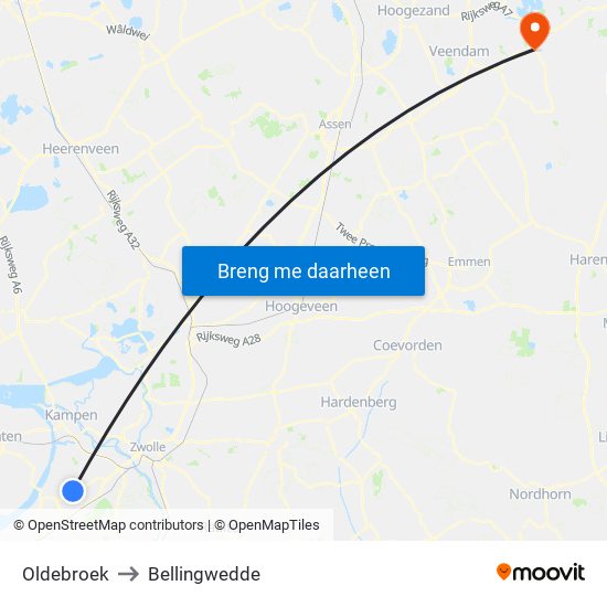 Oldebroek to Bellingwedde map