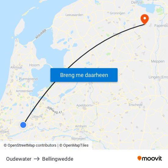 Oudewater to Bellingwedde map